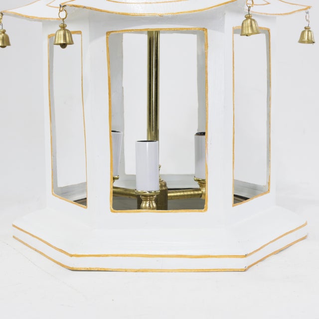 Metal Three-Tier Pagoda Top Tole Lantern Chandelier With Hanging Bells in White and Gold For Sale - Image 7 of 14