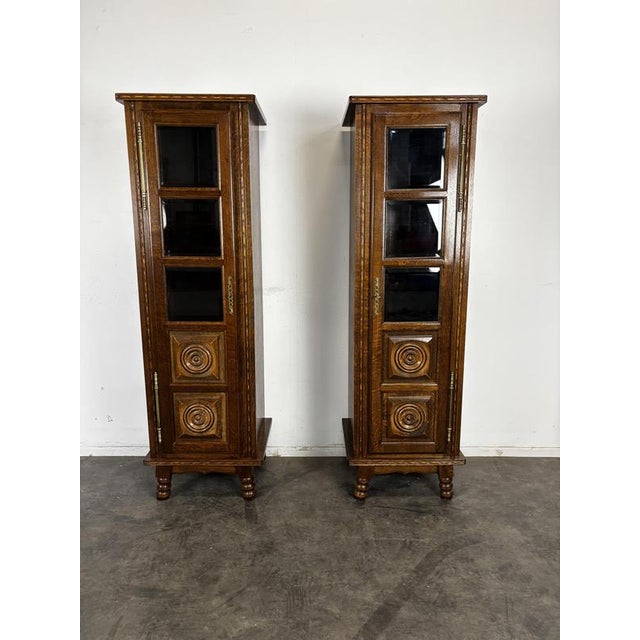 Narrow Art Deco Oak Display Cabinets with Diamond-Point Inlay, 1930s, Set of 2, in Very Good conditions. Designed 1920 to...