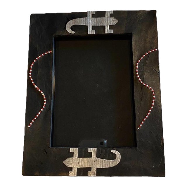 African Besmo Folk Art Embellished Wood Frame - Black With Metal Lizards & Red Beads For Sale