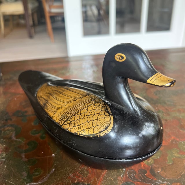 Vintage Black Lacquered Duck Box With Gilded Accents