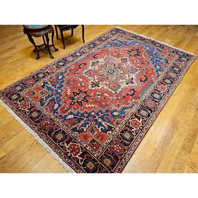 Textile Vintage Persian Heriz Serapi Rug, Hand-Knotted Wool, Geometric Pattern, Red & Navy, 6x9 For Sale - Image 7 of 18