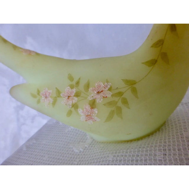 Vintage Mid 20th Century Fenton "Happiness Bird" Green Custard Satin Glass Glitter Pink Flowers Signed by B. Montgomery For Sale In Denver - Image 6 of 9