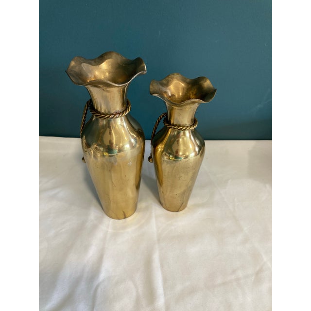 Gold Vintage Brass Rope and Tassel Vases- Set of 2 For Sale - Image 8 of 8
