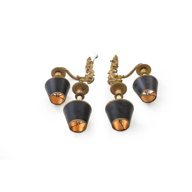 Mid 20th Century Louis XV Style Gilt Bronze Wall Sconces With Black Shades - a Pair For Sale - Image 4 of 8