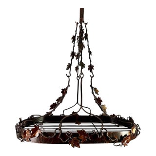 Wrought Iron Pot Rack With Grapevine Design, Distressed Finish For Sale