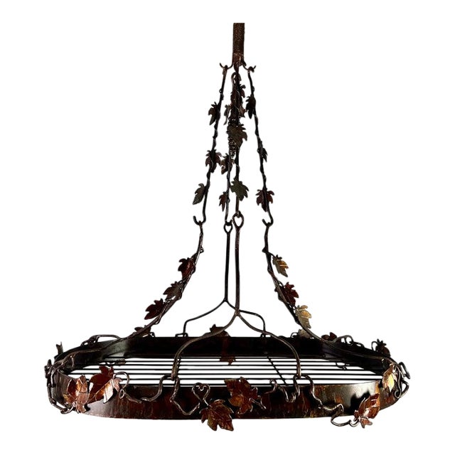 Wrought Iron Pot Rack With Grapevine Design, Distressed Finish For Sale