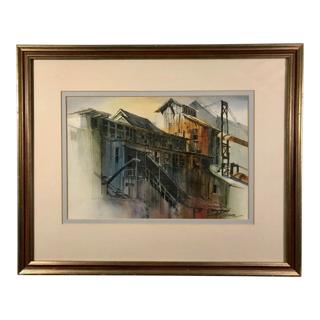 1970's Watercolor Painting by American Listed Artist David Solomon "Tin Towers" With Certificate of Authenticity For Sale