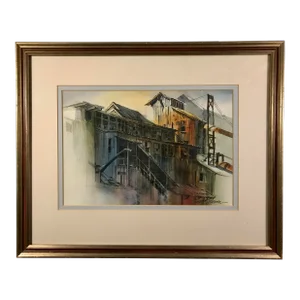 1970's Watercolor Painting by American Listed Artist David Solomon "Tin Towers" With Certificate of Authenticity