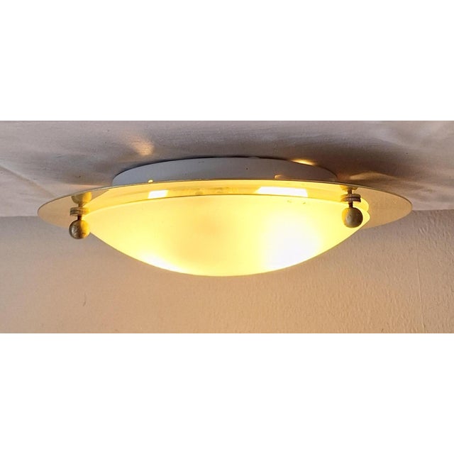 2000 - 2009 Flat Vintage Ceiling Lamp with Brass Mount and Frosted Glass Shade by Belmonte, 2000s For Sale - Image 5 of 8