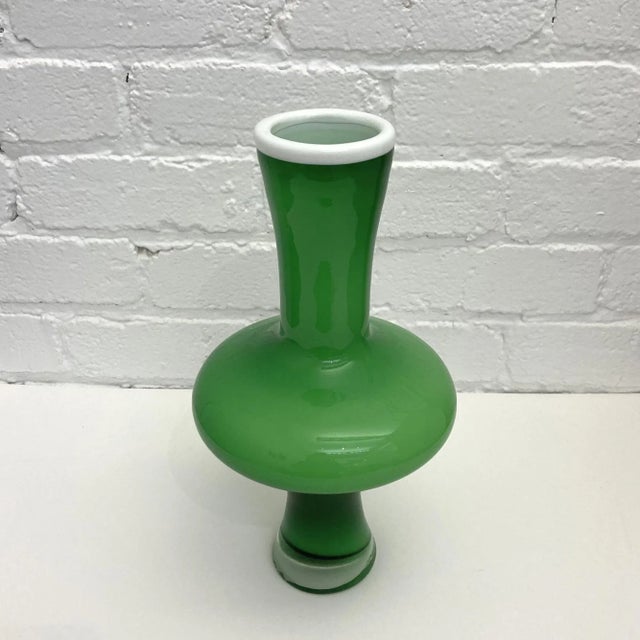Vintage Italian Green, White / Clear Cased Glass Mid Century Vase The vase in green with white lining has a modern and...
