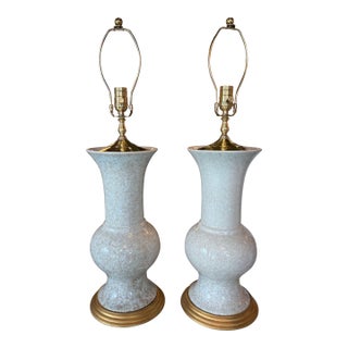 Vintage Palm Beach Crackle Glaze Porcelain & Brass Table Lamps Newly Wired - a Pair For Sale