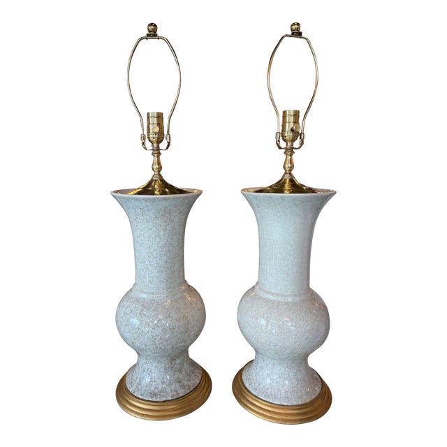 Vintage Palm Beach Crackle Glaze Porcelain & Brass Table Lamps Newly Wired - a Pair For Sale