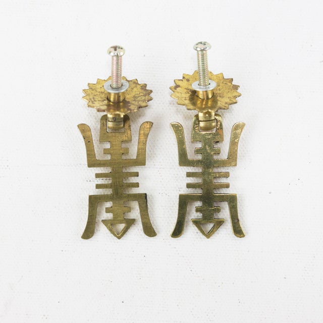 Pair of Vintage Brass Cabinet Drop Pulls With Stylized Chinese Motif For Sale - Image 4 of 5