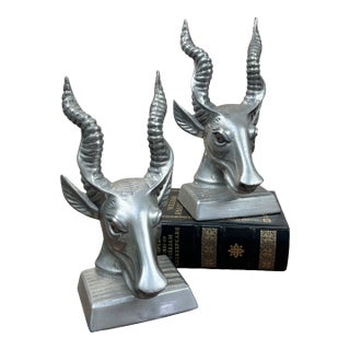 Arthur Court MCM Antelope Gazelle Bookends Silver Weighted Metal Amber Eyes For Sale