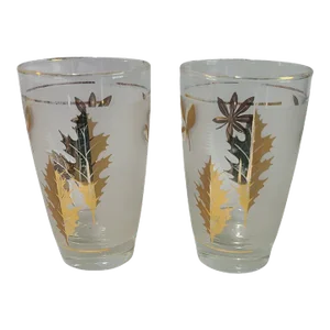 Pair of Mid 20th Century Libbey Tumblers Frosted Water Glasses in Gold Leaf Pattern