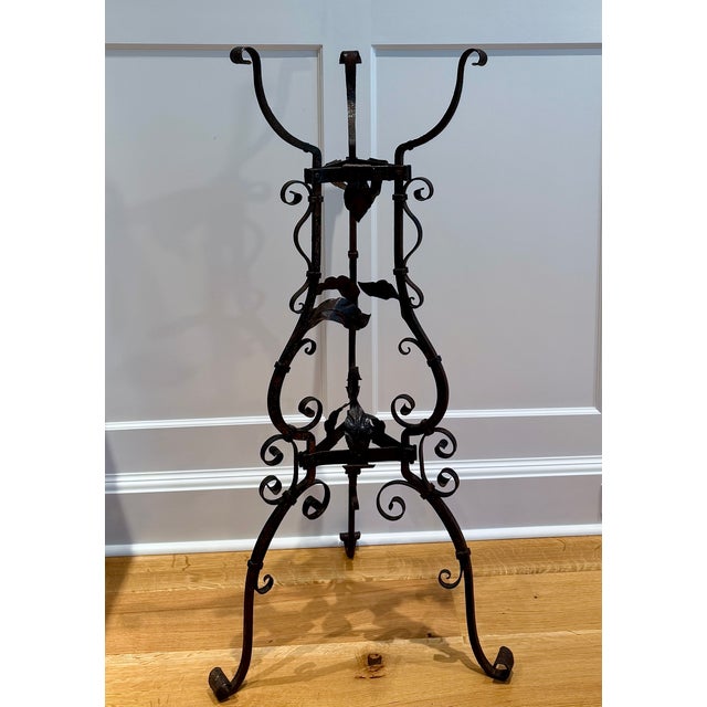 Art Nouveau Continental Wrought Iron Tripod Plant Stand With Scrollwork and Foliage Circa 1880 For Sale - Image 3 of 17