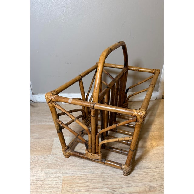 Wood Vintage MCM Burnt Bamboo Magazine Rack Twin Compartment Boho Tiki Accent Stand For Sale - Image 7 of 10