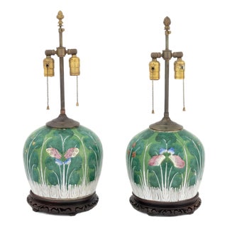 Pair of Chinese Cabbage Leaf Motif Famille Rose Porcelain Jars Mounted as Table Lamps For Sale
