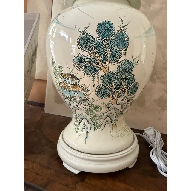 Ceramic Vintage Chinese Export Ceramic Table Lamp Hand Painted Chinoiserie With Matching Shade For Sale - Image 7 of 12