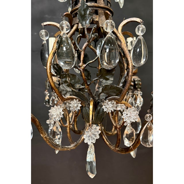 Black Mid 20th Century Italian Tole and Crystal Foliate Chandelier, Basket-Form For Sale - Image 8 of 9