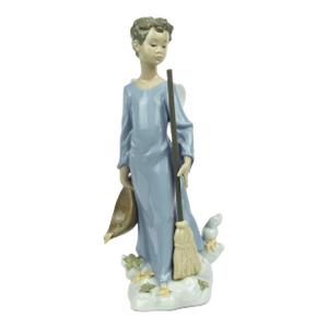 1990's Handmade Autumn Sweeper Angel With Broom and Basket Lladro Porcelain Figurine Spain