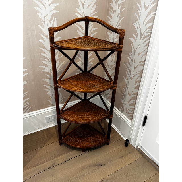 Brown Vintage Woven Rattan and Bamboo Four-Tier Corner Shelf Unit. For Sale - Image 8 of 11