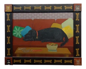 Barbara Chipman Moment -Dog Taking a Nap on the Couch -Naive Oil Painting