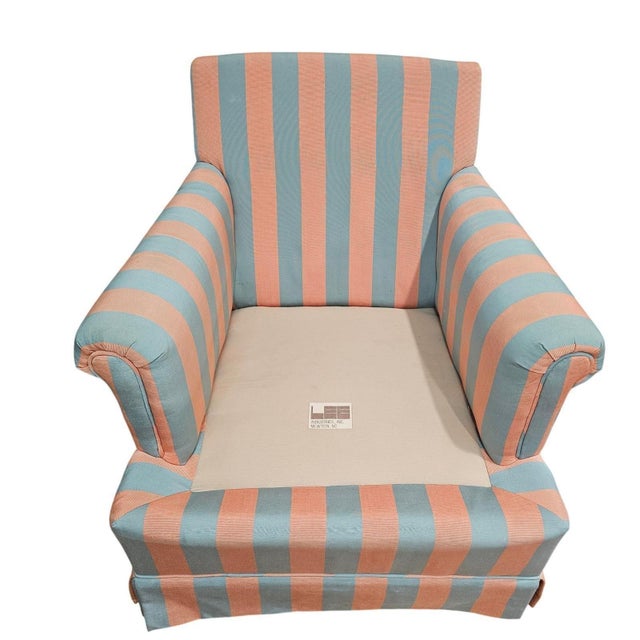 Shell Vintage Lee Industries Swivel Armchair Rocker Striped Rolled Arm Chair MCM Blue For Sale - Image 7 of 14