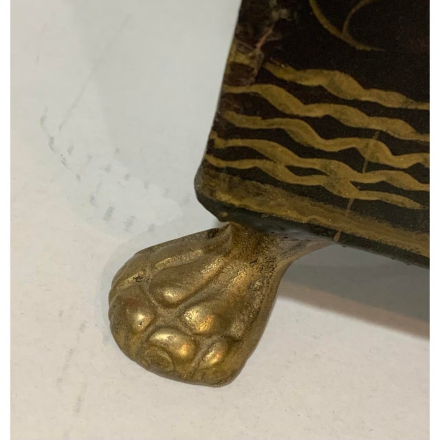 Black 1980s Hand‑Painted Black & Gold Chinoiserie Metal Cachepot / Wastebasket With Brass Paw Feet - Palm Beach Chic, Grandmillennial & Traditional . For Sale - Image 8 of 9