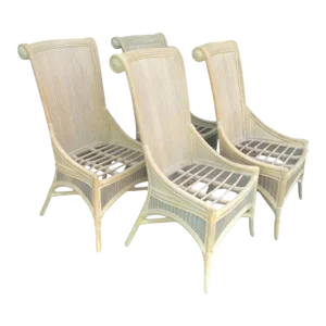 Vintage Extra Tall Rattan Pencil Reed Coastal White Wash Dining Room Chairs- Set of 4