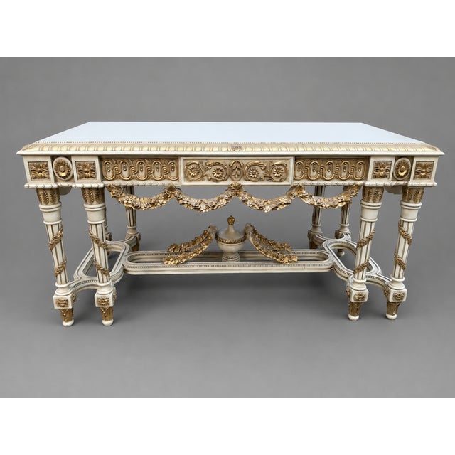 French 1970 French Louis XVI Cream Gold Beech Center Table For Sale - Image 3 of 12