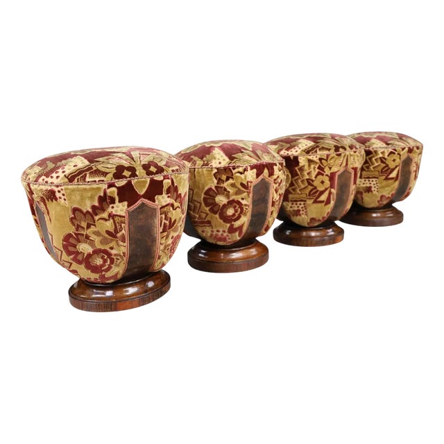 Vintage Italian Art Deco Walnut and Velvet Poufs, 1930s, Set of 4 For Sale