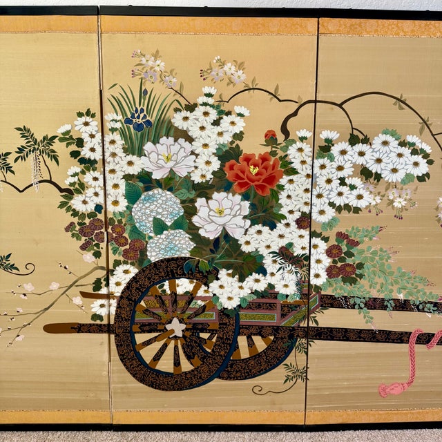 Vintage Japanese Gold Leaf Flower Cart Byobu Screen For Sale - Image 4 of 12