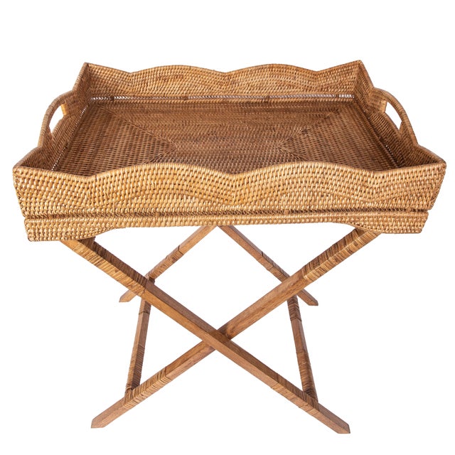 2020s Artifacts Rattan Scallop Design Butler Tray with Wooden Legs, Honey Brown For Sale - Image 5 of 5