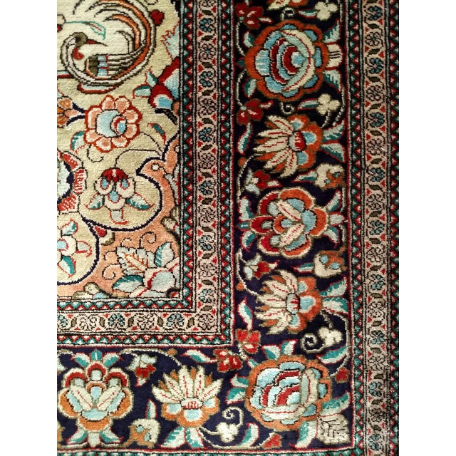 Vintage Persian Qum Area Rug, Hand-Knotted Silk, Floral Pattern, Ivory & Navy, 3x5 For Sale - Image 15 of 18