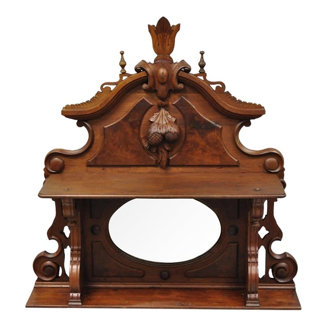 Antique Eastlake Victorian Carved Walnut Oval Mirror Sideboard Backsplash Shelf For Sale