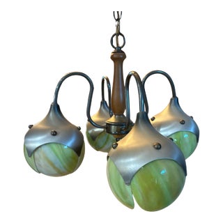Mid Century Modern Slag Glass & Aluminum 4-Light Chandelier, Ca. 1940 Light Fixture For Sale