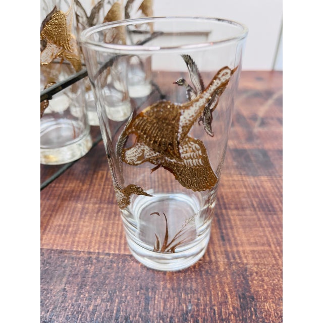Brass 1970s Mid Century Modern Golden Mallards 8 Highball Glasses W Orignal Carrier Libbey Richard Bishop For Sale - Image 8 of 12