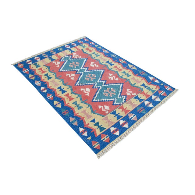 Vintage Turkish Rug Hand-Woven Kilim Rug - 3'10" X 5'6" For Sale - Image 4 of 13