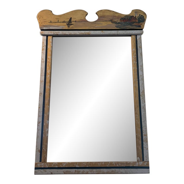 Swedish Folk Art Trumeau Mirror, Hand Painted Coastal Scene For Sale