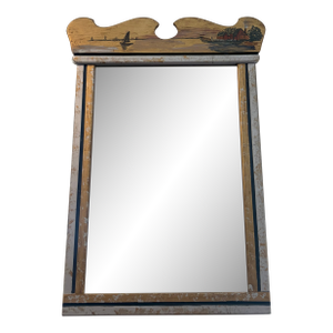 Swedish Folk Art Trumeau Mirror, Hand Painted Coastal Scene