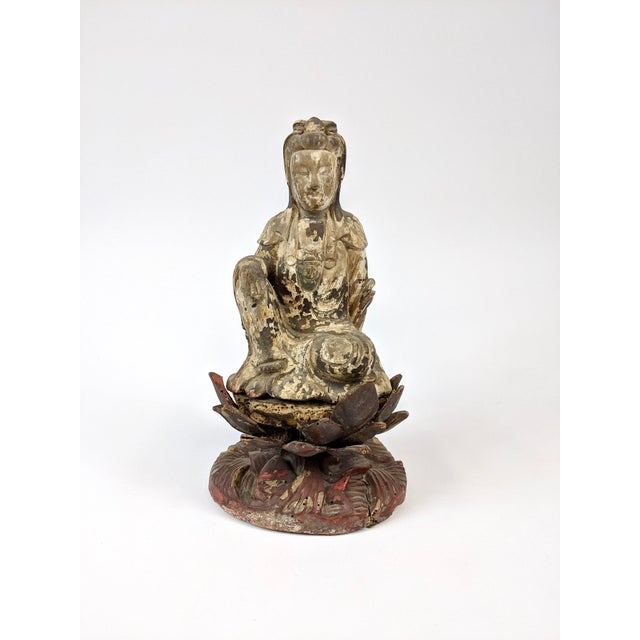 Mid 18th Century Carved Goddess of Mercy on Lotus Stand For Sale In San Francisco - Image 6 of 6