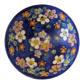 Antique Kutani Ware Blue Glaze Plus Famille Rose Plum-Blossom Tea Cup Gilt Rim For Sale