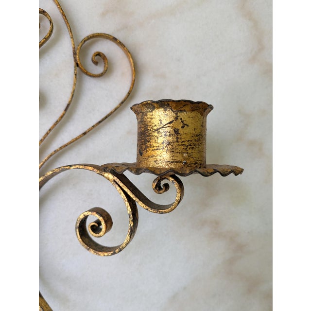 Large Vintage Italian Gilt Candle Sconce | Double Arm Wall Hanging Candle Holder For Sale - Image 4 of 5