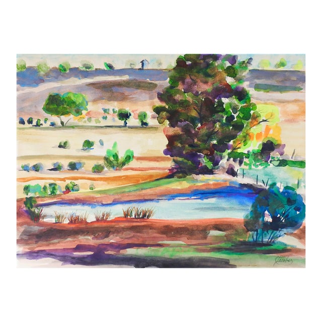Vintage Plein Air Texas Landscape Watercolor Painting For Sale