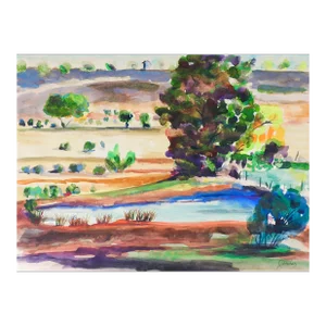 Vintage Plein Air Texas Landscape Watercolor Painting