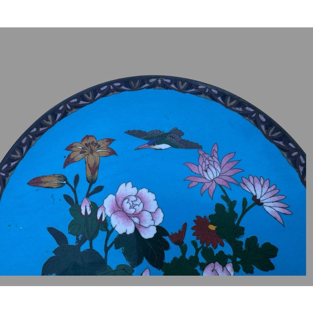 Antique Japanese Meiji Cloisonne Charger Bird Flowers Blue Enamel 12 For Sale - Image 6 of 8