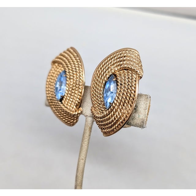 Mid-Century Modern Vintage 1950s Signed Napier Goldtone Faux-Aquamarine Clip Earrings-2 Pieces For Sale - Image 3 of 8
