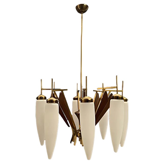 Large Opaline Glass Chandelier from Stilnovo, 1950s For Sale