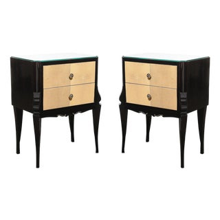 Art Deco Directoire Style Ebonized Nightstands W/Shagreen Fronts & Mirrored Tops For Sale